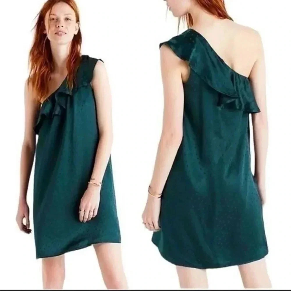 MADEWELL | 💯 SILK FOREST GREEN | ONE SHOULDER DRESS | size 8